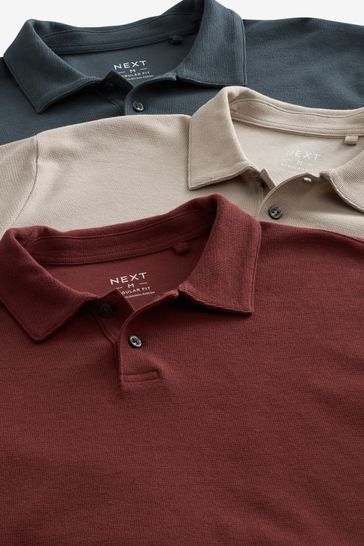 Grey/Clay Red/Ecru Textured Regular Fit Jersey Polo Shirts 3 Pack