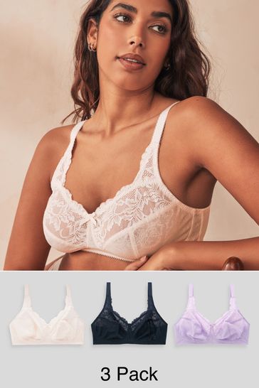 Navy Blue/Lilac Purple/Cream Total Support Non Pad Non Wire Full Cup Lace Bras 3 Pack
