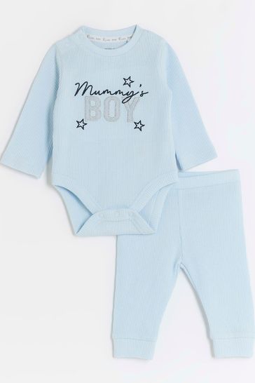 River Island Blue Baby Boys Waffle Bodysuit and Leggings Set