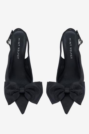 Black satin shop heels with bow