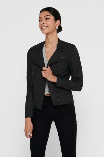 Collarless faux leather jacket womens top