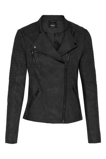 Buy ONLY Black Collarless Faux Leather Biker Jacket from Next Bahrain