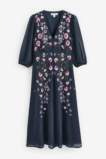 Frock & Frill Blue Embroidered Maxi Dress