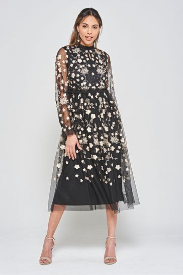 Frock and Frill Embroidered Midi Black Dress