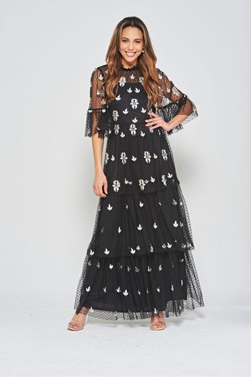 Frock and Frill Embroidered Maxi Black Dress