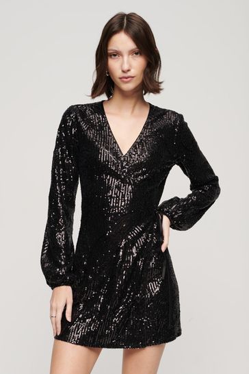 Superdry Black Sequin Wrap Mini Dress