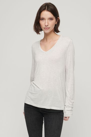 Superdry Grey/White Long Sleeve Jersey V-Neck Top