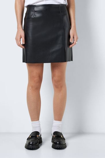 NOISY MAY Black Leather Look Mini Skirt with Slit Detail