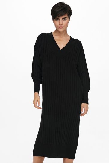 ONLY Black V-Neck Midi Knitted Jumper Dress