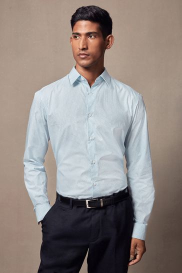 Light Blue Geometric Slim Fit Single Cuff Printed Cotton Shirt
