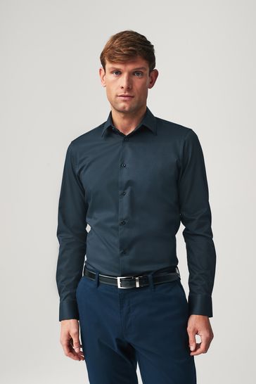 Navy Blue Slim Fit Single Cuff Easy Care Textured Shirt