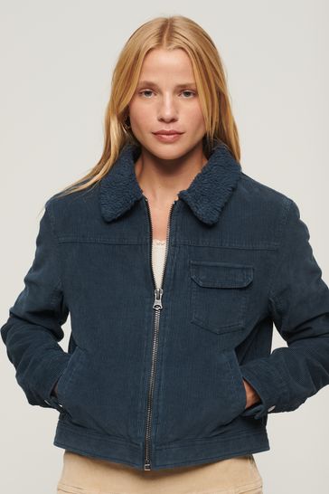 Superdry Blue Cropped Sherpa Lined Cord Jacket