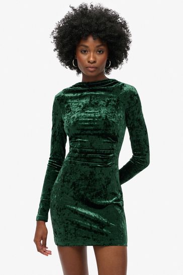 Superdry Green Velvet Long Sleeve Mini Dress