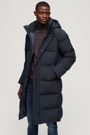 Superdry Blue Longline Hooded Puffer Coat