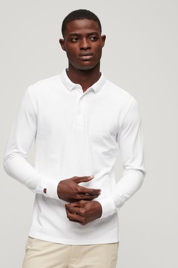 Superdry White Long Sleeve Cotton Pique Polo Shirt