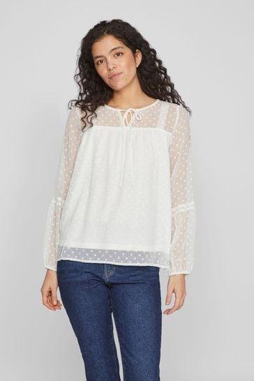 VILA White Dobby And Lace Detail Blouse