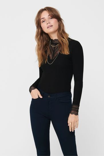 ONLY Black High Neck Lace Detail Top