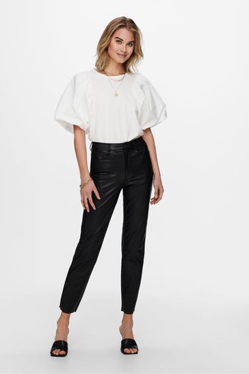 Buy ONLY Black Petite High Waisted Faux Leather Workwear 100 Cotton Trousers from Next Netherlands