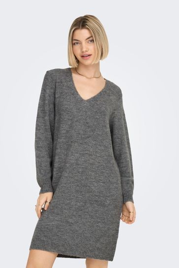 JDY Grey V-Neck Knitted Jumper Dress