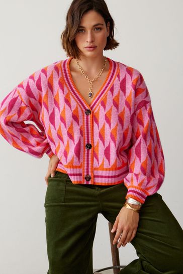 Buy Oliver Bonas Pink Geometric Jacquard Knitted Cardigan from Next Latvia