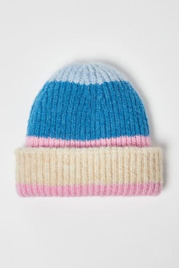 Oliver Bonas Blue Colour Block Knitted Beanie Hat