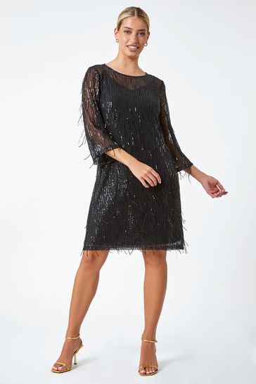 Buy Dusk Black Sequin Sparkle Tassel Shift Dress from the Next UK