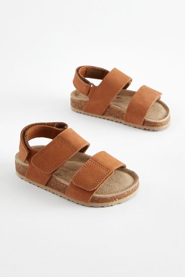 Tan Brown Wide Fit (G) Leather Touch Fastening Corkbed Sandals