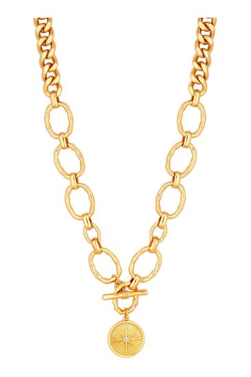 Mood Gold Tone Recycled Textured Lariat Chain Medallion Necklace