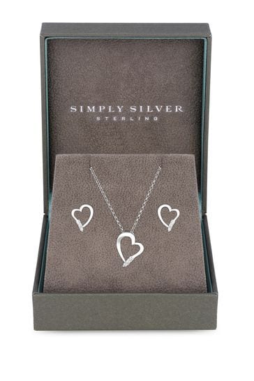 Simply Silver Sterling Silver Tone 925 Cubic Zirconia Heart Set - Gift Boxed
