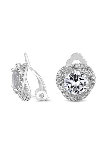 Jon Richard Silver Tone Pave Cross-Over Halo With Centre Stone Clip Earrings