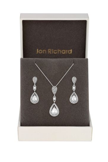 Jon Richard Silver Tone Clear Crystal Pave 3 Tier Pear Drop Necklace & Earring Matching Set