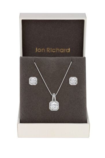 Jon Richard Silver Tone Clear Crystal Square Drop Matching Set in a Gift Box