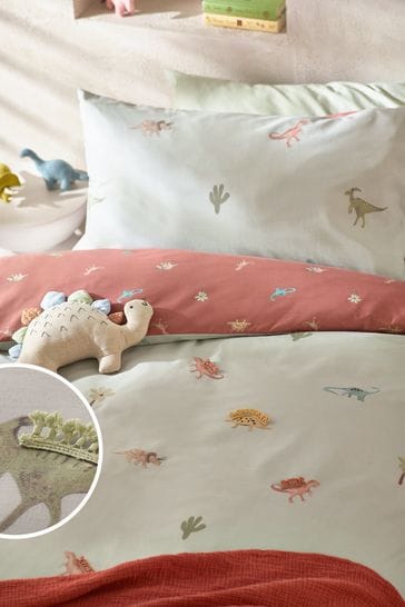 Sage Green Tassel Dinosaurs 100% Cotton Printed Bedding Duvet Cover and Pillowcase Set