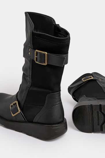Buy Yours Curve Black Extra Wide Fit Low Wedge Buckle Boots from