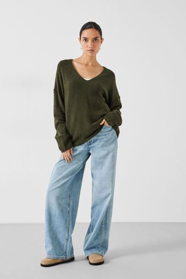 Hush Green Carinda V Neck Knitted Jumper