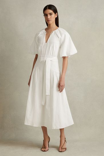 Buy Reiss White Alice Petite Lyocell Blend Puff Sleeve Midi Dress from Next Cyprus