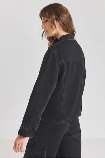 Buy Simply Be Washed Utility Cargo Pocket Black Denim Jacket from