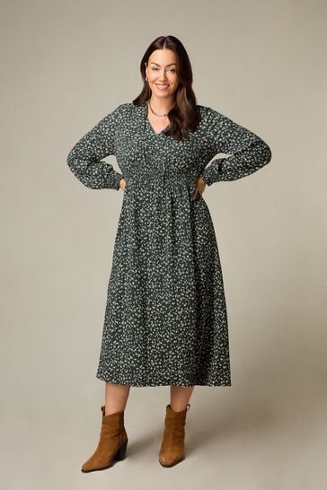 Live Unlimited Green Curve Petite Ditsy Jersey Shirred Waist Dress