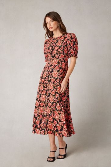 Ro&Zo Red Rose Print Ruched Front Midi Dress