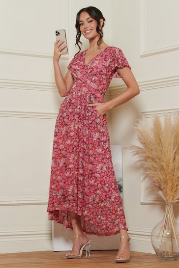 Jolie Moi Pink Mesh V Neck Maxi Dress