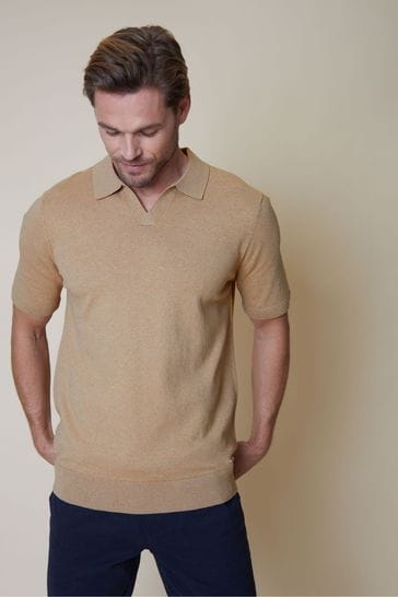 Threadbare Brown Cotton Mix Trophy Neck Short Sleeve Knitted Polo Shirt