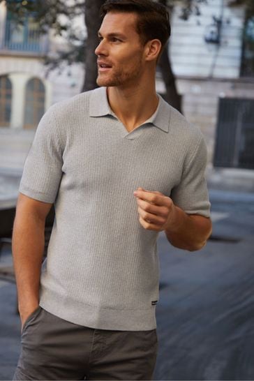 Threadbare Grey Cotton Mix Trophy Neck Short Sleeve Knitted Polo Shirt
