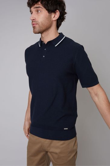 Threadbare Navy Blue Cotton Mix Short Sleeve Textured Knitted Polo Shirt