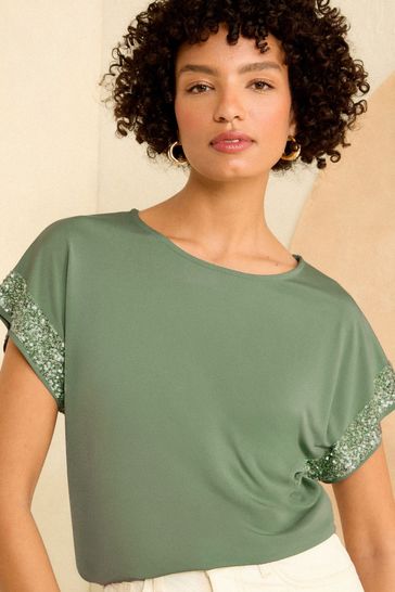 Love & Roses Green Sequin Cuff Jersey Top