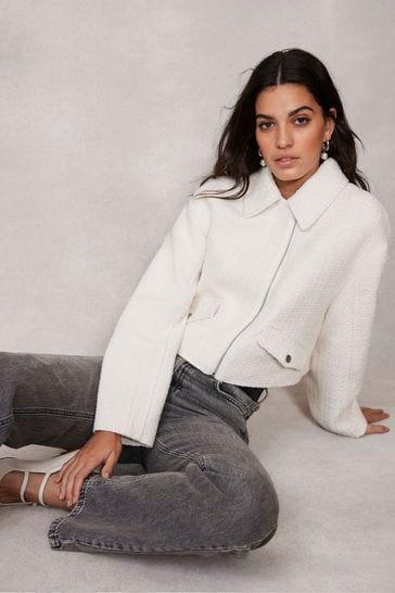 Mint Velvet White Boucle Cropped Jacket