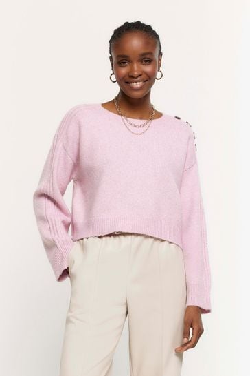 River Island Light Pink Cropped Button Shoulder Jumper