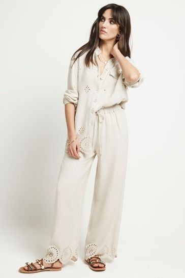 River Island Natural Broderie Linen Trousers