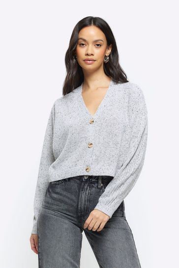 River Island Grey Button Front Cropped Cardigan