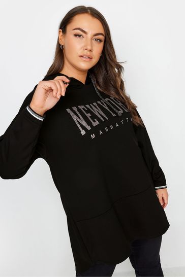 Yours Curve Black New York Glitter Embossed Hoodie
