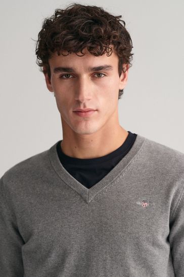 GANT Dark Grey Melange Classic 100 Cotton V Neck Jumper